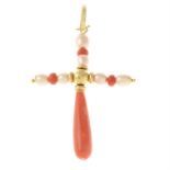 A coral and cultured pearl cross pendant.