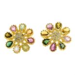 A pair of multi-gem and flat-cut diamond set cluster stud earrings.