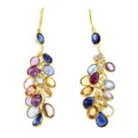 A pair of multi-coloured sapphire drop earrings.