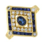 An 18ct gold sapphire and diamond dress ring of kite-shape.