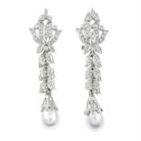 A pair of diamond and imitation pearl drop earrings.