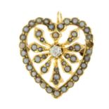 An early 20th century 14ct gold split pearl and old-cut diamond pendant. AF.