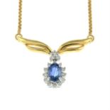 A 9ct gold sapphire and diamond pendant necklace.