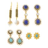 Four pairs of gem-set earrings.