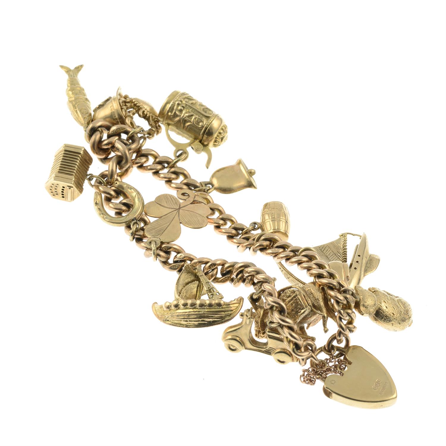 A mid 20tth century charm bracelet, with heart-shape clasp, suspending fifteen charms. - Bild 2 aus 2