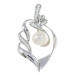 A cultured pearl and diamond pendant of openwork design.