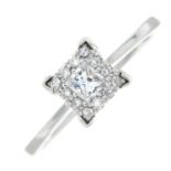 A 9ct gold square-shape and single-cut diamond cluster ring.