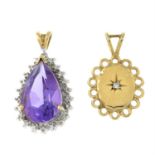 Two 9ct gold diamond and amethyst pendants.