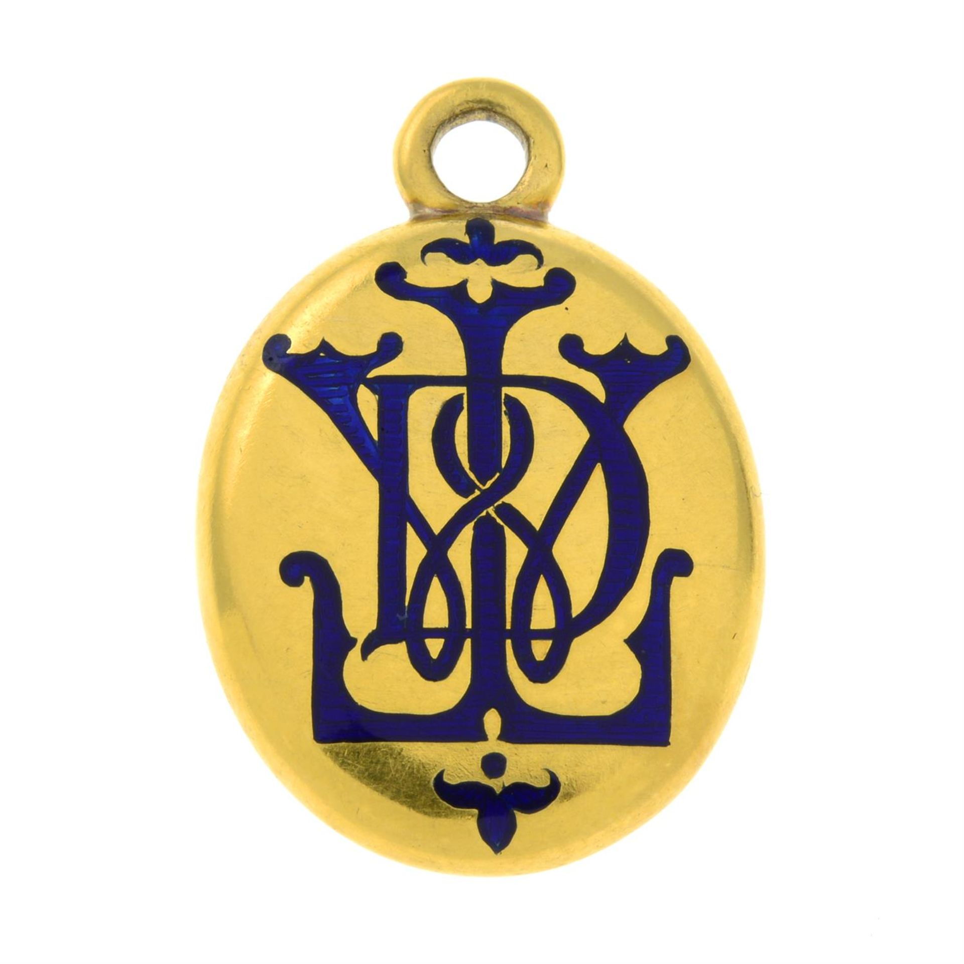 A late victorian blue enamel memorial pendant, with glazed reverse.