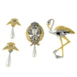 A pair of paste and cultured pearl earrings with crown and bird wing motif, a matching brooch and a