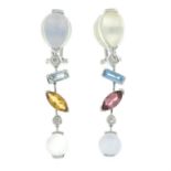 A pair of moonstone, diamond and vari-hue topaz, drop earrings.
