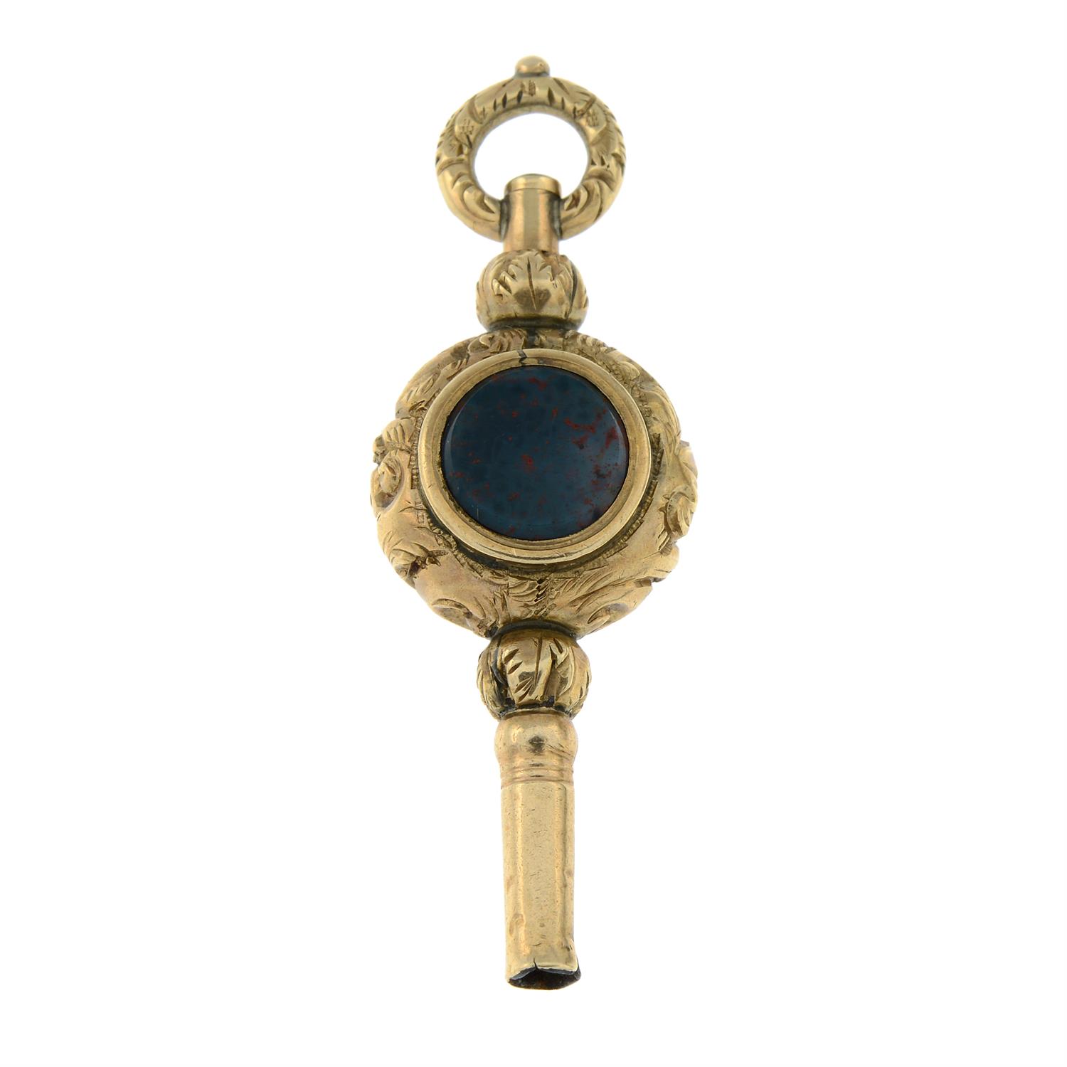 A late Victorian 9ct gold foil-back amethyst and bloodstone watch key fob. - Bild 2 aus 2