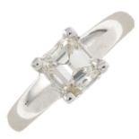 A square-shape diamond single-stone ring.