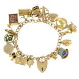 A 9ct gold charm bracelet, suspending eighteen charms.