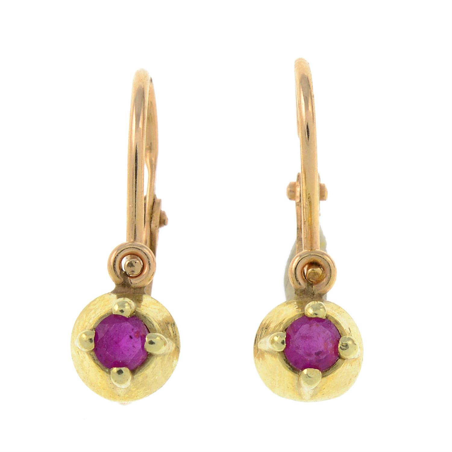 A pair of synthetic ruby drop earrings.