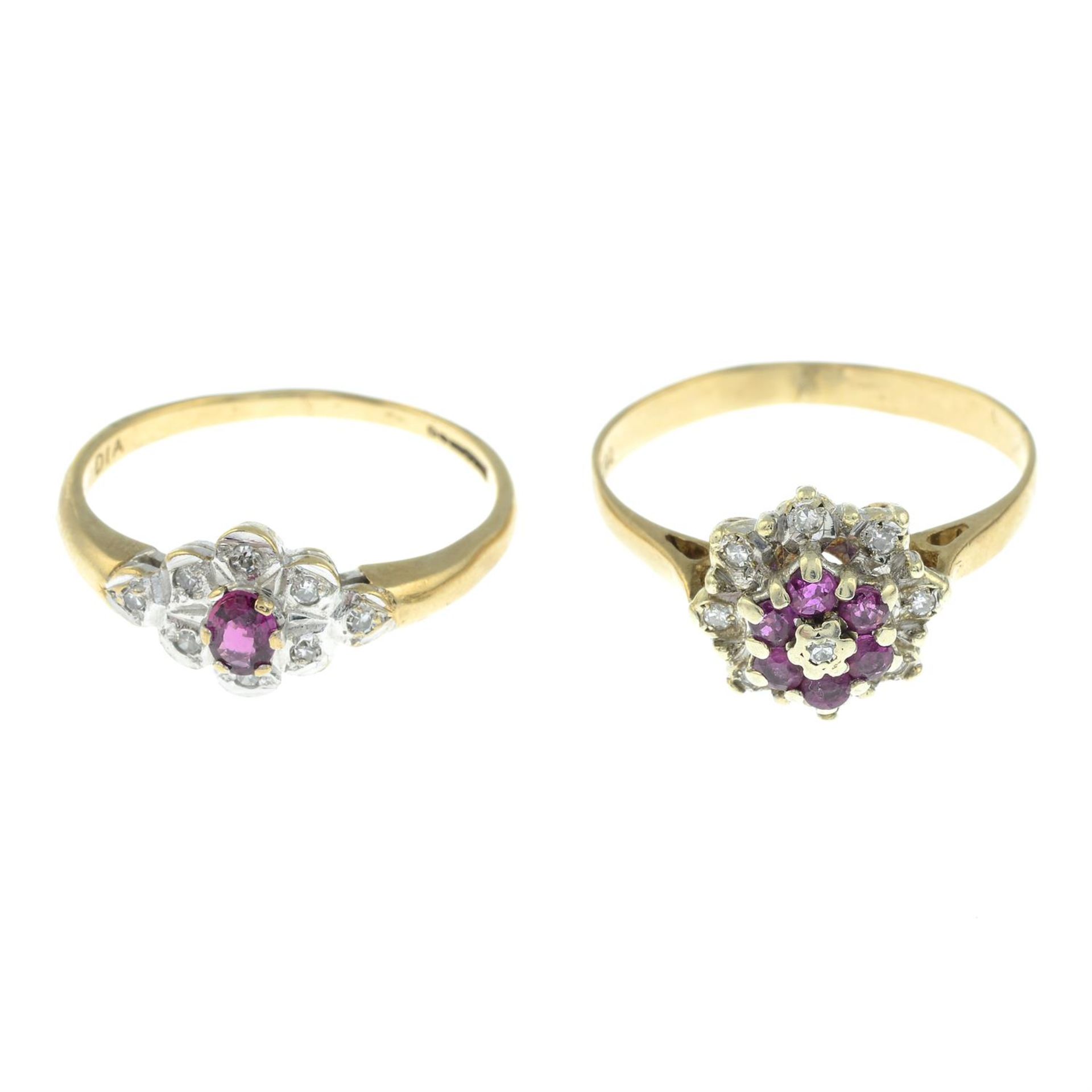 Two 9ct gold ruby and diamond rings.