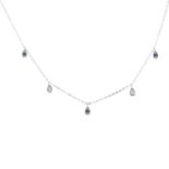 An 18ct gold sapphire and diamond necklace with suspended drops.
