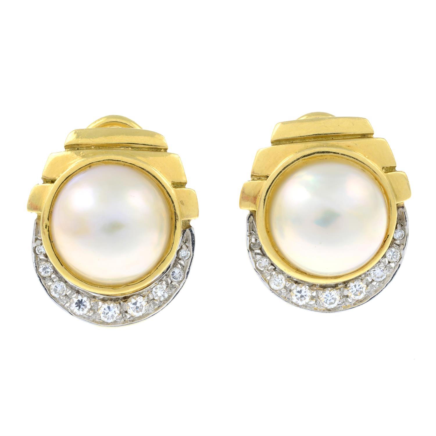 A pair of cultured pearl and cubic zirconia clip-on earrings.