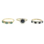 Three 9ct gold diamond and gem-set rings.