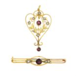 An early 20th century 9ct gold garnet and split pearl pendant, with similarly aged