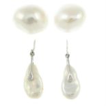 Two pairs of cultured baroque pearl earrings.