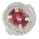 An 18ct gold pink tourmaline and pave-set diamond cluster ring.