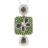 A brilliant-cut diamond, black gem and tsavorite garnet pendant, with chain.