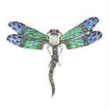 A plique-a-jour enamel, synthetic opal and marcasite brooch of a dragonfly with ruby eyes.