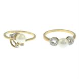 Two 9ct gold cultured pearl and diamond rings.
