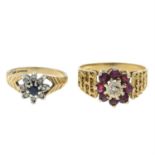 Two 9ct gold gem-set floral cluster rings.