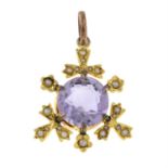 An early 20th century 15ct gold amethyst and split pearl pendant.