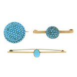 Three early 20th century 9ct gold turquoise brooches.