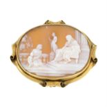 A late Victorian gold shell cameo brooch, depicting 'Judgement of Solomon'.