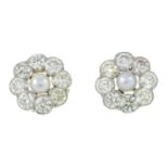 A pair of seed pearl, old and brilliant-cut diamond cluster earrings.