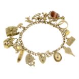 A charm bracelet, suspending sixteen charms, gathered at a 9ct gold heart-shape padlock clasp.