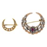 Two early 20th century gem-set crescent brooches.