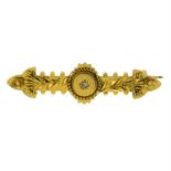 A late 19th century 15ct gold brooch, with cannetille motif and rose-cut diamond highlight.