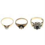 Three 9ct gold gem-set rings.