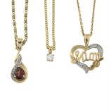 Three 9ct gold pendants, with chains.