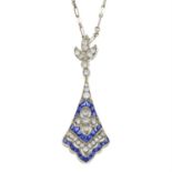 A sapphire and brilliant-cut diamond pendant, with 18ct gold cultured pearl fancy-link chain.