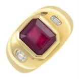 A 9ct gold glass-filled ruby and rectangular-shape diamond three-stone ring.