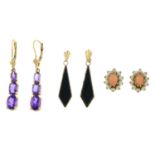 Three pairs of gem-set earrings.