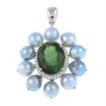 A tourmaline, diamond and cultured pearl pendant.