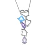 An amethyst, blue topaz and diamond heart pendant, with 9ct gold chain.
