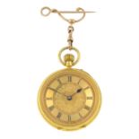 An early 20th century 18ct gold pocket watch, suspended from a bar brooch.