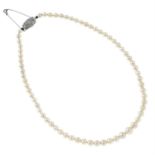 A cultured pearl necklace, with an early 20th century platinum pave-set diamond clasp.