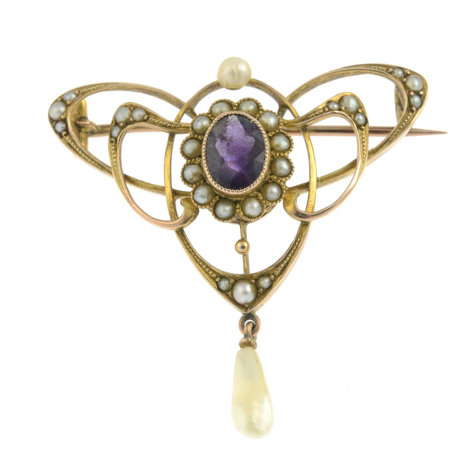An Art Nouveau 9ct gold amethyst and split pearl brooch.