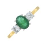 An 18ct gold emerald and brilliant-cut diamond three-stone ring.