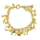 A 9ct gold charm bracelet, suspending twenty four variously designed charms.