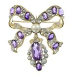 An amethyst, diamond and cultured pearl brooch.